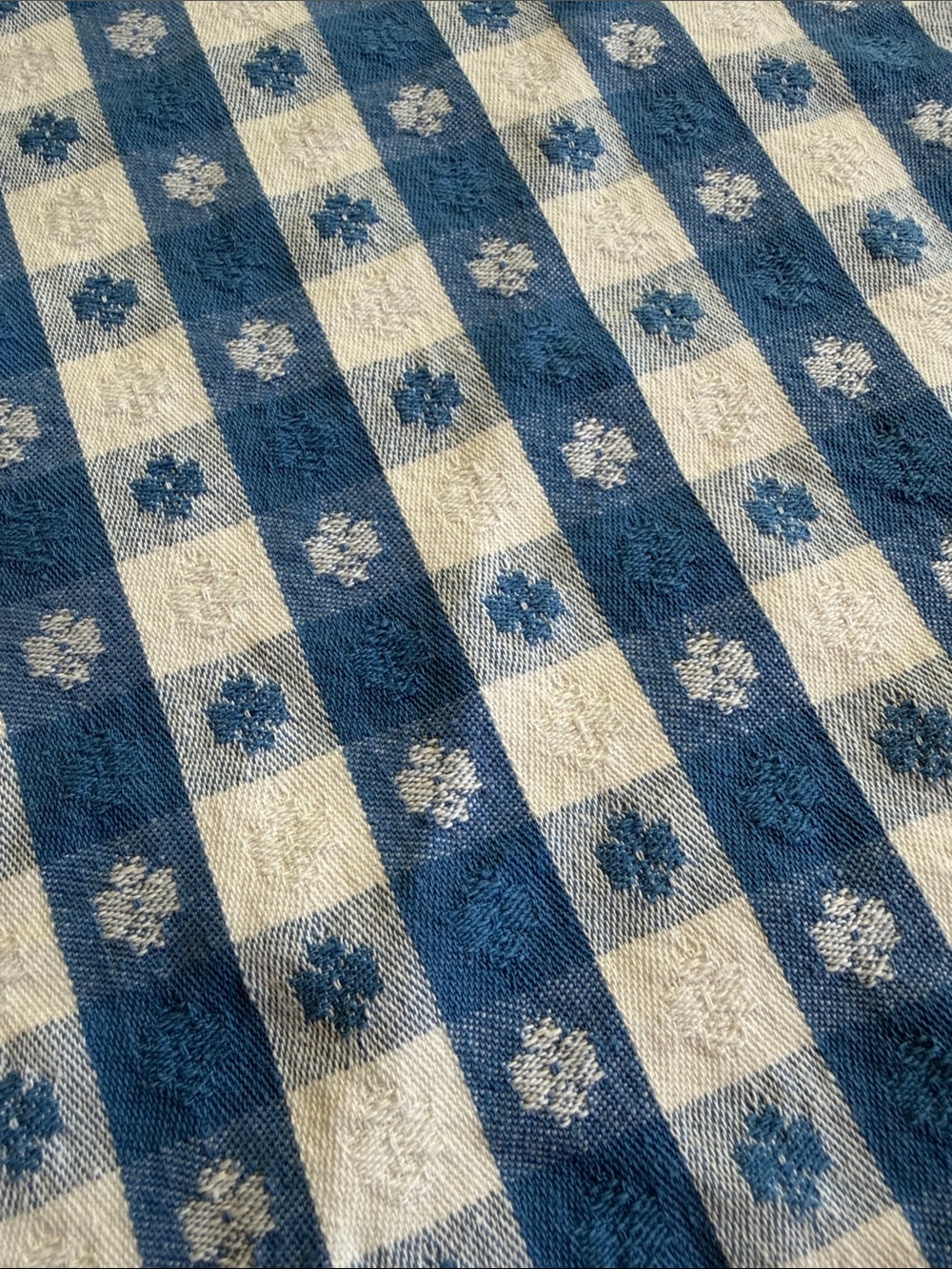 Blue and White Gingham Clover Checkered Round Slightly Oval Linen Tablecloth